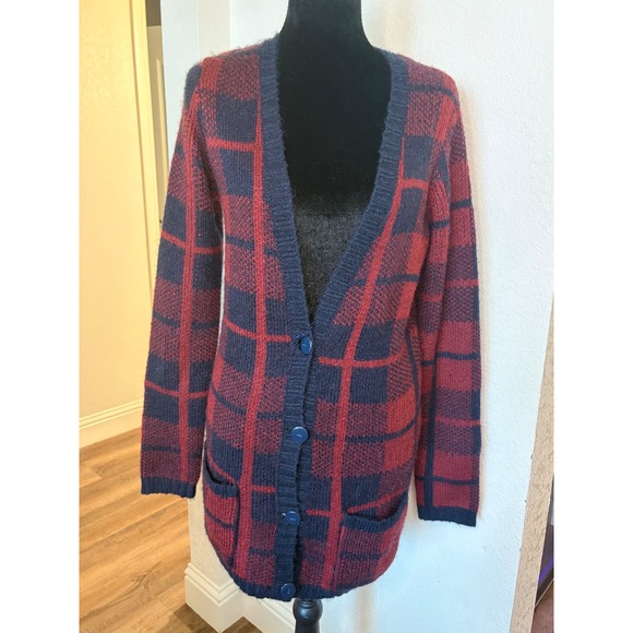 Abercrombie & Fitch Sweaters - Abercrombie & Fitch Plaid Cardigan Sweater Navy Burgundy Longline Small NWT